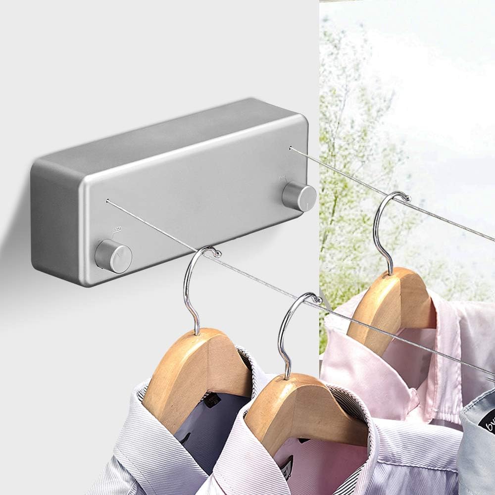 Happywayfar Retractable Clothesline ABS case+Aluminum Dryer with Adjustable Stainless Steel Double Rope String Hotel Style Heavy Duty,Wall Mounted Method, 13.8 Feets